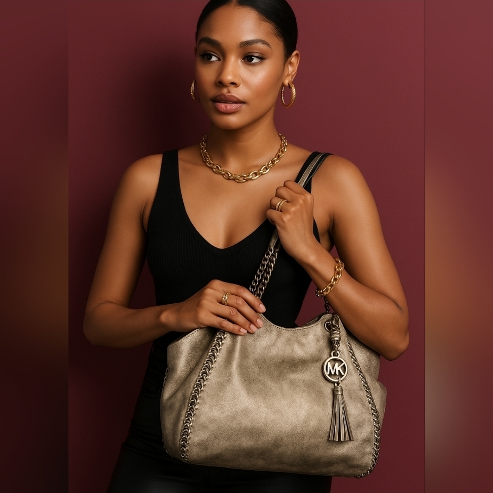 Michael Kors Handbag Women L Chelsea Metallic Tan Whipstitch Tassel Shoulder Bag